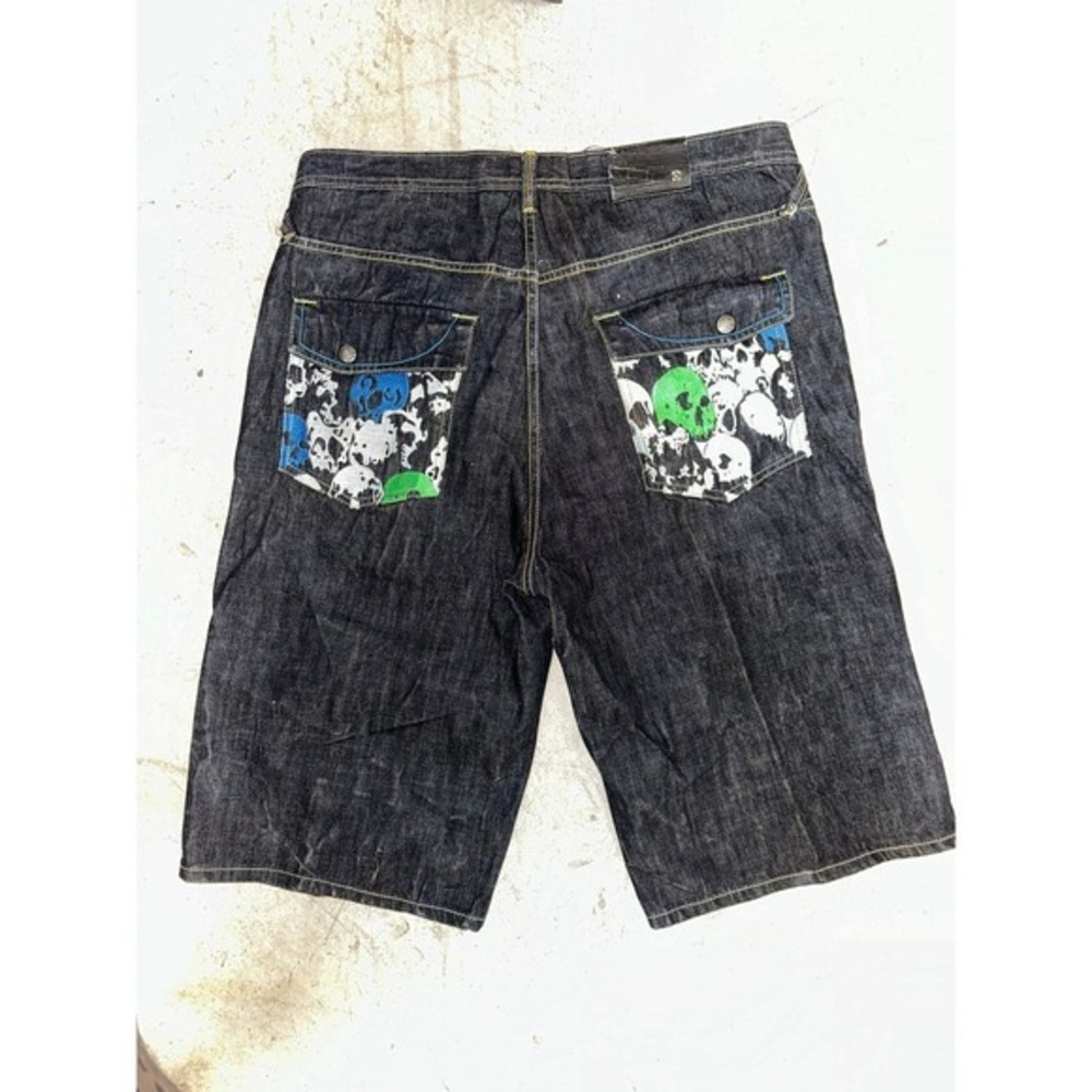Y2K G-unit Mens Shorts Denim W38 L15 Blue Skulls Baggy‎ Gangster Embroidered 50